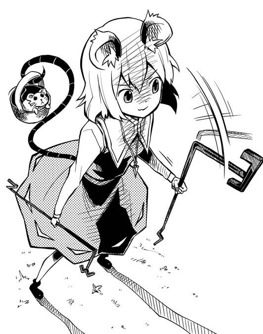 :3 animal_ears basket dowsing_rod dowsing_rods foreshortening from_above kannazuki_hato monochrome mouse mouse_ears mouse_tail nazrin shaded_face simple_background tail touhou