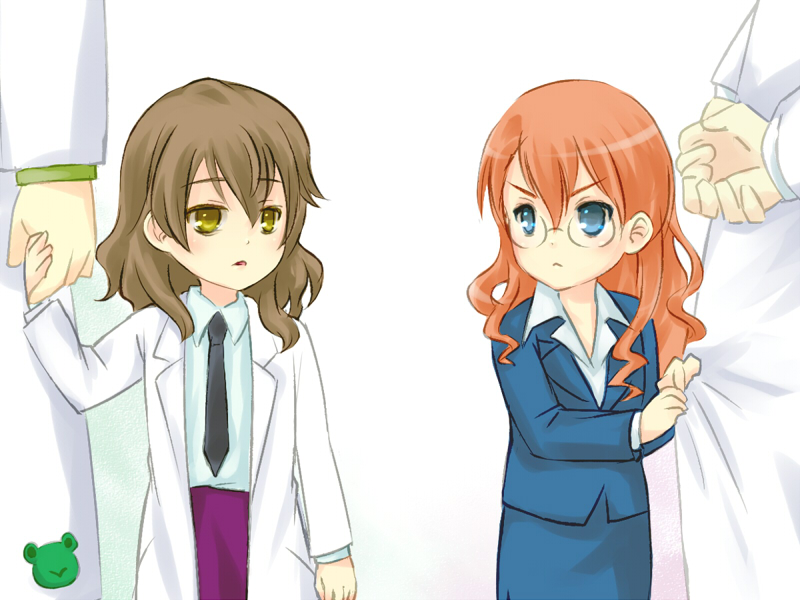 brown_hair glasses heaven_canceller holding_hands kihara_gensei kiyama_harumi labcoat long_hair orange_hair piku telestina_kihara_lifeline to_aru_kagaku_no_railgun to_aru_majutsu_no_index yellow_eyes young