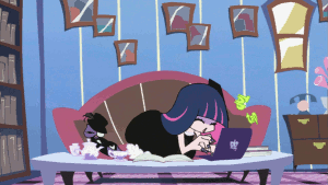 animated_gif black_dress blue_hair book bookshelf closed_eyes computer couch dress gif happy hat honekoneko honekoneko_(psg) laptop long_hair lowres multicolored_hair nail_polish official_style open_mouth panty_&amp;_stocking_with_garterbelt pink_hair screencap smile sound_effects stocking_(character) stocking_(psg) stuffed_animal stuffed_toy teapot two-tone_hair typing
