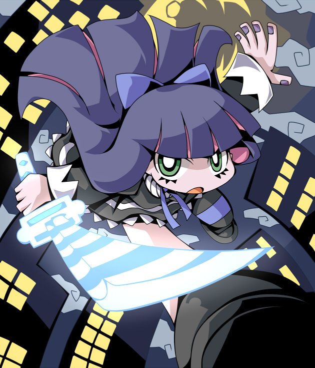 bad_id blue_eyes blue_hair bow caraduki carazuki gothic_lolita hair_bow lolita_fashion long_hair official_style panty_&amp;_stocking_with_garterbelt solo stocking_(character) stocking_(psg) striped striped_legwear striped_thighhighs sword thigh-highs thighhighs weapon