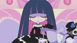 animated_gif blue_hair dress gif honekoneko_(psg) lowres multicolored_hair official_style panty_&amp;_stocking_with_garterbelt stocking_(character) stocking_(psg) stuffed_animal stuffed_toy talking tea