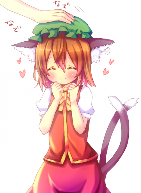 bad_id blush brown_hair cat_ears cat_tail catgirl chen closed_eyes earrings hand_on_head hands happy heart hina_hina jewelry multiple_tails nekomata nekomimi pet_the_catgirl petting short_hair simple_background smile solo tail touhou