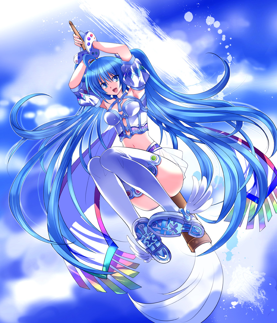 blue_eyes blue_hair long_hair open_mouth pencil pico_(picollector79) pixiv pixiv-tan skirt sky smile solo thigh-highs thighhighs twintails very_long_hair water