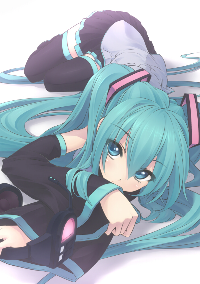 aqua_eyes aqua_hair bad_perspective blush detached_sleeves face foreshortening garuku hands hatsune_miku headphones long_hair lying solo thigh-highs thighhighs twintails very_long_hair vocaloid