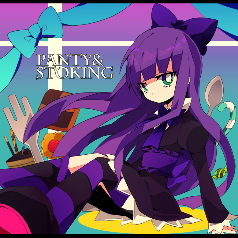bad_id bow dress gothic_lolita hair_bow lolita_fashion long_hair panty_&amp;_stocking_with_garterbelt purple_hair shichi solo stocking_(character) stocking_(psg) striped striped_legwear striped_thighhighs thigh-highs thighhighs