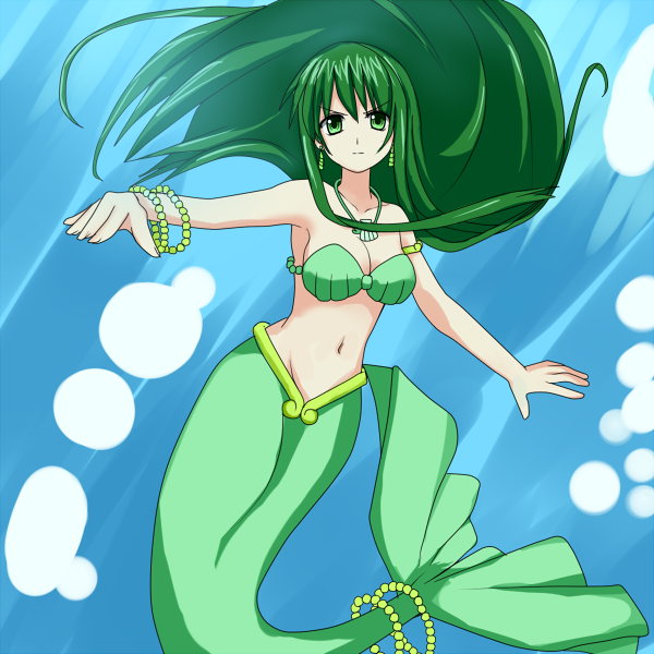 green_eyes green_hair jewelry long_hair mermaid mermaid_melody_pichi_pichi_pitch miru monster_girl necklace shell shell_bikini shell_bra touin_rina