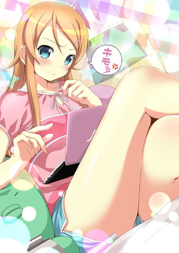 casual computer doll kousaka_kirino laptop long_hair nomura_teruya orange_hair ore_no_imouto_ga_konna_ni_kawaii_wake_ga_nai shorts stuffed_toy