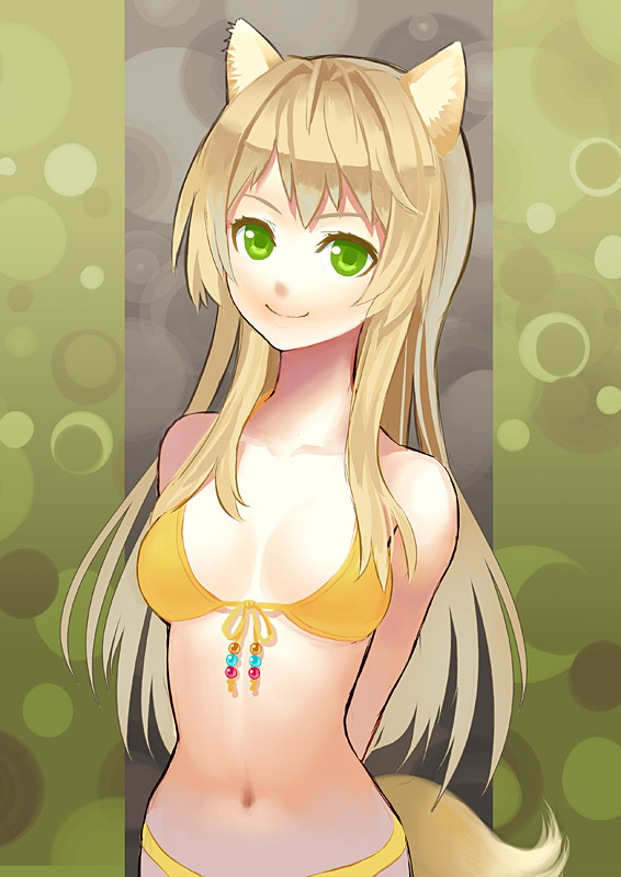 bikini blonde_hair fox_ears fox_tail front-tie_top green_eyes k+ long_hair navel original solo string_bikini swimsuit tail