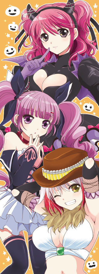 alternate_costume armpits arms_up bad_id bare_shoulders breasts brown_eyes character_request cheria_barnes cleavage cleavage_cutout cowboy_hat finger_to_mouth gloves grin hat heart heart_cleavage_cutout jack-o'-lantern kurimomo large_breasts multicolored_hair multiple_girls navel orange_background pascal pink_hair pumpkin purple_eyes purple_hair red_hair smile sophie_(tales_of_graces) tales_of_(series) tales_of_graces thighhighs twintails two-tone_hair western white_hair wink yellow_eyes zettai_ryouiki