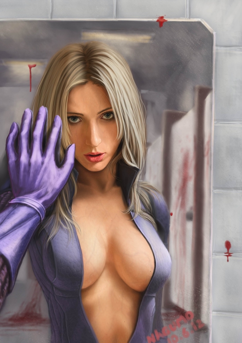 blonde_hair blood breasts breasts_apart center_opening cleavage girl's_pov gloves jill_valentine lips long_hair mirror nagumo_(qmzp10) open_clothes open_shirt pov realistic reflection resident_evil shirt solo veins