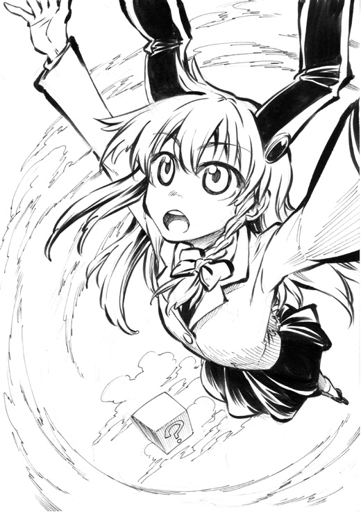 animal_ears arms_up bow braid bunny_ears cloud coin_block cosplay flying hair_bow hikawa_shou kirisame_marisa long_hair monochrome new_super_marisa_land open_mouth question_block rabbit_ears reisen_udongein_inaba reisen_udongein_inaba_(cosplay) solo touhou