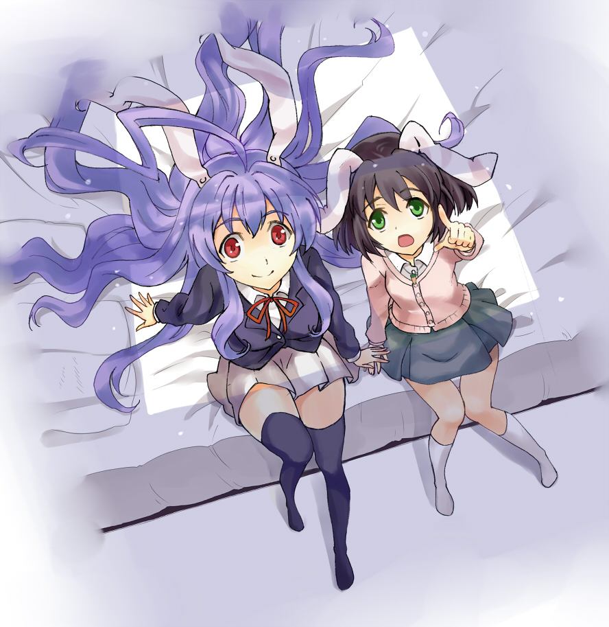 animal_ears black_hair blazer blue_door bunny_ears from_above green_eyes inaba_tewi long_hair multiple_girls pointing purple_hair rabbit_ears red_eyes reisen_udongein_inaba short_hair skirt thigh-highs thighhighs touhou zettai_ryouiki