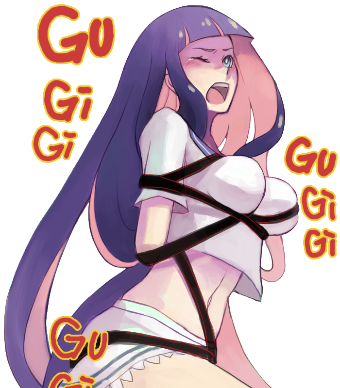 arms_behind_back bdsm blue_eyes blush bondage box_tie ghost_(psg) long_hair midriff panty_&amp;_stocking_with_garterbelt purple_hair sailor_collar simple_background solo stocking_(character) stocking_(psg) tears toyger very_long_hair wince