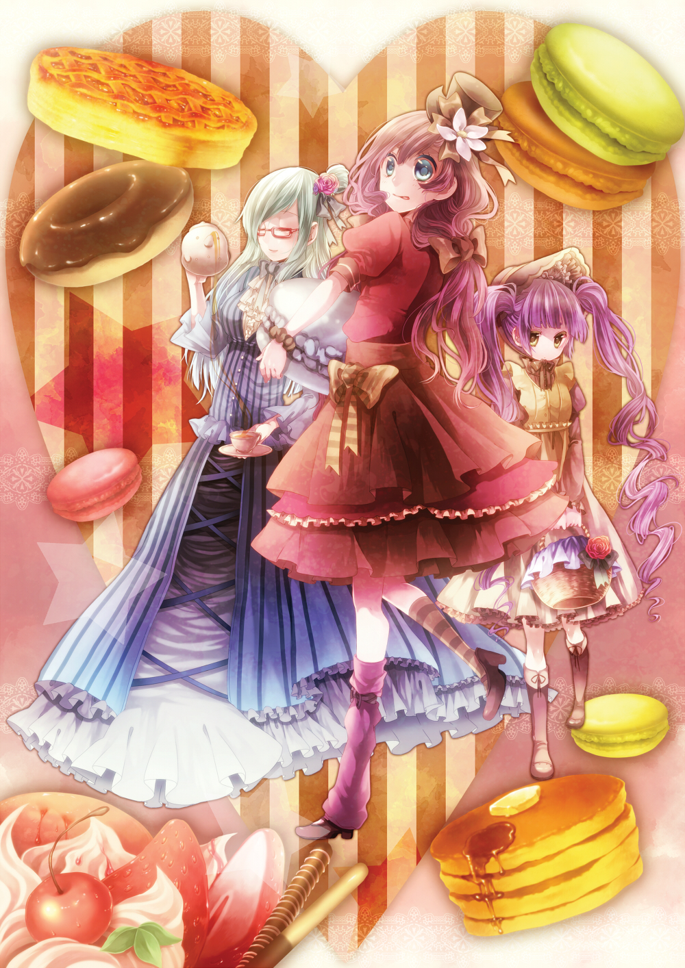 basket blue_eyes bow candy cherry closed_eyes cookie doughnut dress flower food fruit glasses grey_hair hair_bow hair_flower hair_ornament hair_ribbon hat highres long_hair macaron mismatched_legwear mismatched_socks multiple_girls original pancake pastry purple_hair ribbon smile socks standing_on_one_leg tea tongue tongue_out tsukudato twintails very_long_hair yellow_eyes