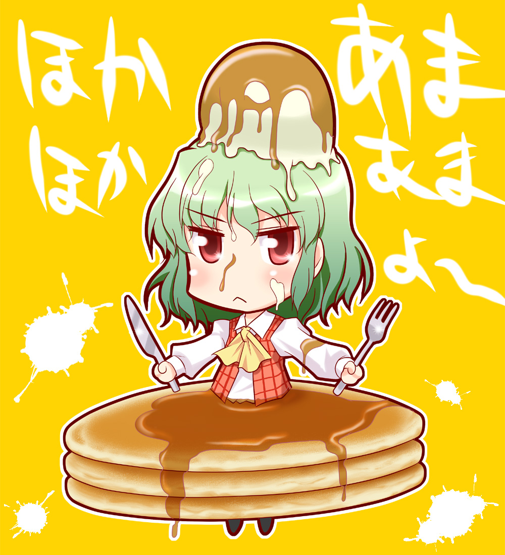 ascot butter chibi food food_on_head fork green_hair in_food kazami_yuuka knife outstretched_arms pancake plaid_vest red_eyes solo spread_arms syrup tougall touhou