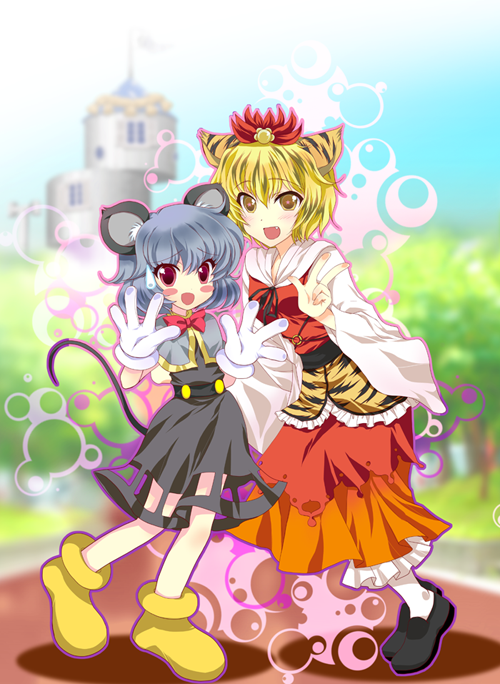 adapted_costume animal_ears blonde_hair cosplay disney gloves grey_hair hair_ornament kemonomimi_mode masuyama_kei mickey_mouse mickey_mouse_(cosplay) mouse_ears mouse_tail multiple_girls nazrin red_eyes rocket rocket_ship short_hair space_craft tail tiger_ears toramaru_shou touhou v yellow_eyes