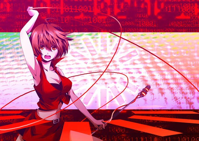 armpits bad_id breasts brown_eyes cleavage meiko microphone_stand navel open_mouth red_hair redhead short_hair solo vocaloid yyukke