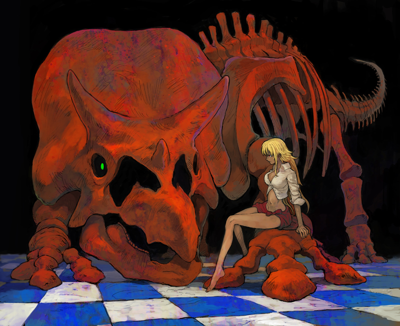 barefoot blonde_hair checkered checkered_floor crop_top dark_skin dinosaur fossil lack long_hair midriff mound_of_venus navel original red_eyes sarong sitting skeleton solo tiles triceratops