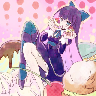 food hime_cut long_hair lowres panty_&amp;_stocking_with_garterbelt stocking_(character) stocking_(psg) striped striped_legwear striped_thighhighs thigh-highs thighhighs tomobe_kinuko