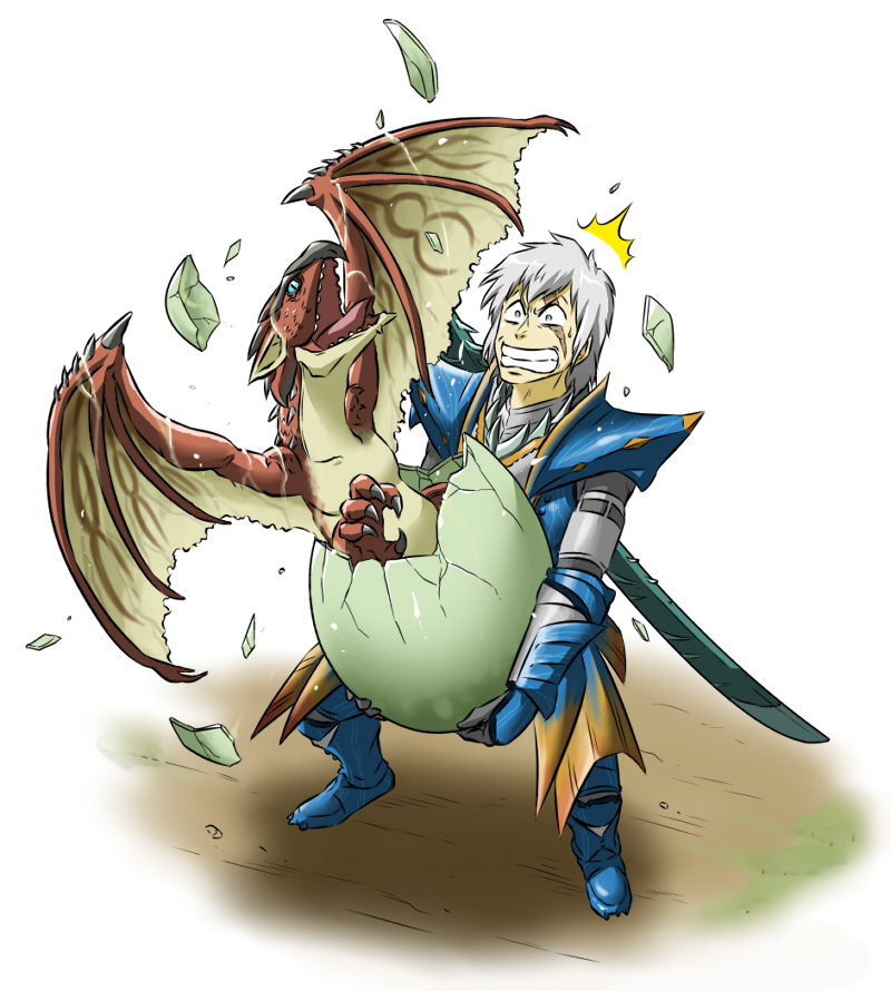 armor boots carrying clenched_teeth dragon egg gauntlets gloves hatching kanno_takanori lagiacrus_(armor) male monster_hunter monster_hunter_3 rathalos scar short_hair silver_hair surprised sword teeth weapon wings wyvern