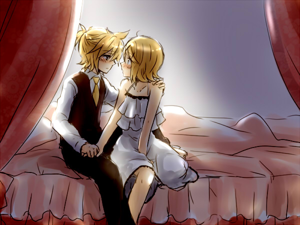 between_thighs blonde_hair blush brother_and_sister canopy_bed cendrillon_(vocaloid) eye_contact hand_on_shoulder holding_hands incest incipient_kiss kagamine_len kagamine_rin ryou_(fallxalice) short_hair siblings sitting twincest twins vocaloid