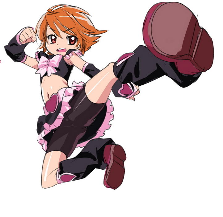 bike_shorts brown_eyes brown_hair cure_black futari_wa_precure hokuto_no_ken kicking magical_girl makacoon misumi_nagisa nanto_gokuto_ken parody precure shorts_under_skirt solo white_background