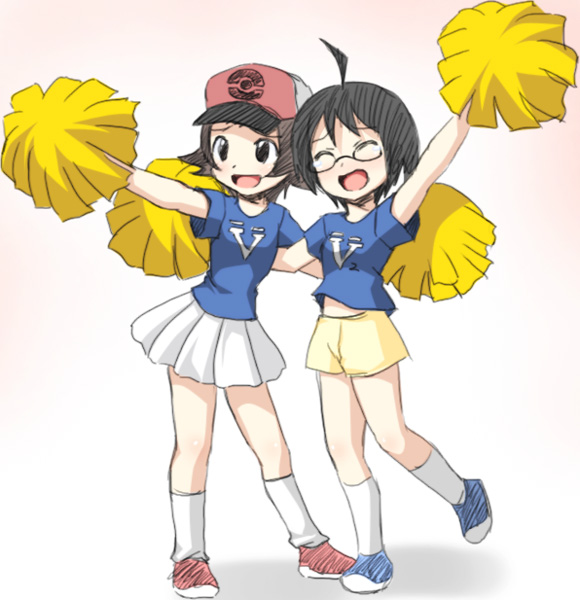 blush cheren_(pokemon) closed_eyes crossdressinging fujimiya_yuu genderswap glasses hat md5_mismatch open_mouth pokemon pokemon_(game) pokemon_black_and_white pokemon_bw pom_poms short_hair shorts skirt smile tears touya_(pokemon)