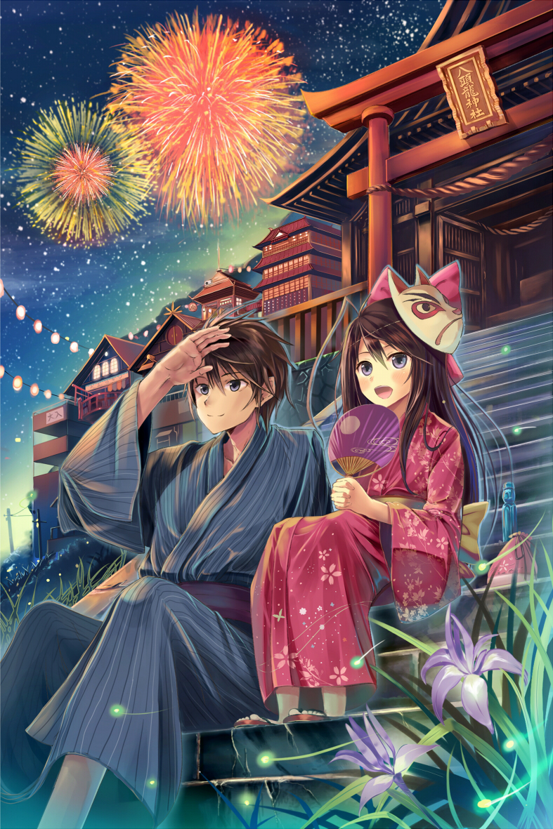 akabane_(zebrasmise) akebane blue_eyes brown_hair east_asian_architecture fan festival fireflies fireworks flower fox fox_mask japanese_architecture japanese_clothes kimono kinchaku mask night night_sky original paper_fan ramune shrine sitting stairs star_(sky) torii uchiwa yukata