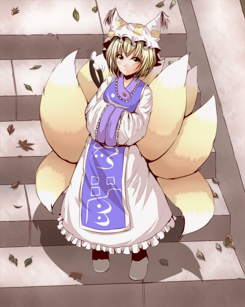 cat_tail chen fox_tail from_above hands_in_sleeves hat hiding hiro_(pqtks113) leaf looking_at_viewer multiple_tails short_hair smile stairs standing tail touhou when_you_see_it yakumo_ran yellow_eyes
