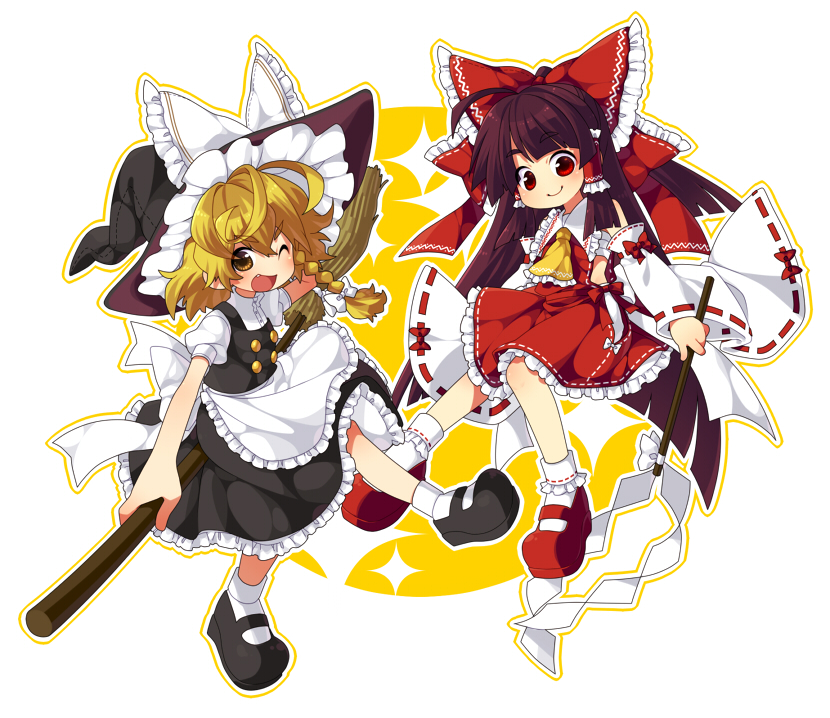 ascot blonde_hair bow braid broom broom_riding brown_hair detached_sleeves fang gohei hair_bow hakurei_reimu hat kiri_futoshi kirisame_marisa mary_janes multiple_girls red_eyes sarashi shoes touhou wink witch_hat yellow_eyes