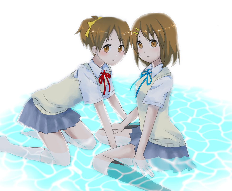 brown_hair hirasawa_ui hirasawa_yui k-on! nekomura_(eyepatch_neco) ponytail school_uniform short_hair siblings sisters submerged wet wet_clothes