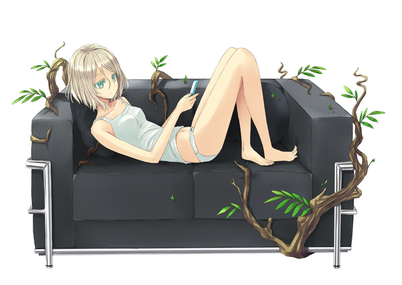 barefoot blonde_hair camisole cellphone colored_eyelashes commentary couch expressionless green_eyes lowleg lowleg_panties lying midriff nabeshima_tetsuhiro navel on_back original panties phone short_hair simple_background solo underwear