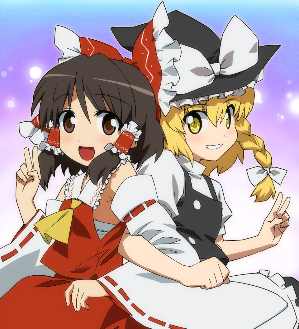 :d back-to-back blonde_hair bow braid brown_eyes brown_hair detached_sleeves grin hair_bow hakurei_reimu hat kirisame_marisa locked_arms multiple_girls open_mouth sarashi smile tonbi touhou v witch_hat yellow_eyes