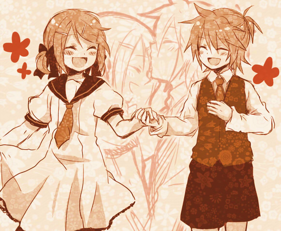 brother_and_sister cendrillon_(vocaloid) closed_eyes forehead_kiss hair_ornament hairclip happy holding_hands kagamine_len kagamine_rin kiss monochrome necktie ryou_(fallxalice) short_hair siblings twins vocaloid