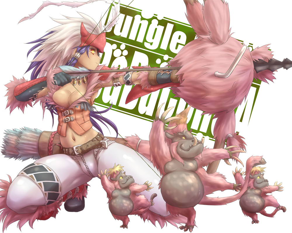 blue_hair bow_(weapon) braid breasts cleavage conga conga_(armor) congalala dancing fur jewelry long_hair monster_hunter multicolored_hair navel necklace nofutuer quiver silver_hair squatting standing_on_one_leg tail tsukigami_chronica weapon yellow_eyes