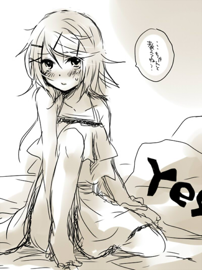 bed blush cendrillon_(vocaloid) hair_ornament hairclip kagamine_rin monochrome ryou_(fallxalice) short_hair sketch vocaloid yes yes-no_pillow