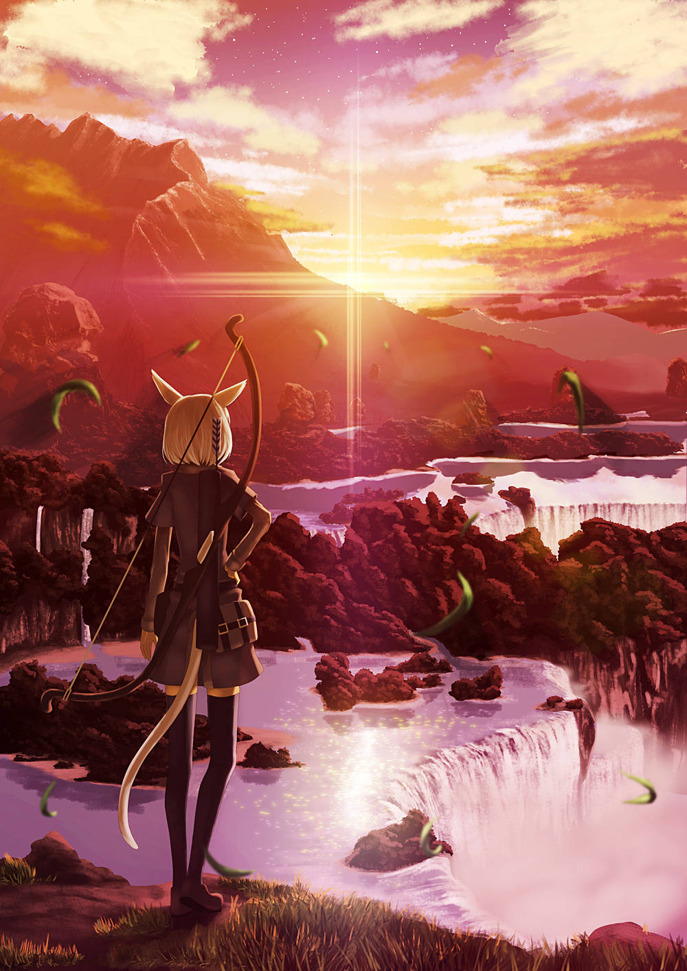arrow black_legwear black_thighhighs bow_(weapon) din_(flypaper) final_fantasy final_fantasy_xiv from_behind hand_on_hip highres landscape leaf original pixiv pixiv_festa scenery tail thigh-highs thighhighs water waterfall weapon