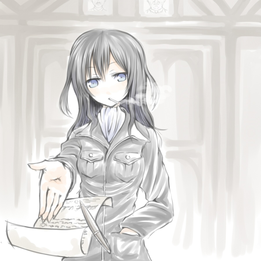 blue_eyes cigarette elizabeth_f_beurling long_hair military military_uniform outstretched_hand pen re:chaen smoking solo strike_witches uniform
