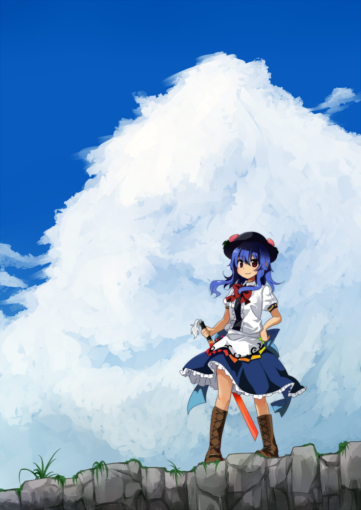 boots bowtie cliff cloud clouds cross-laced_footwear food fruit hand_on_hip hat hinanawi_tenshi ika lace-up_boots peach red_eyes sky solo standing sword sword_of_hisou touhou weapon