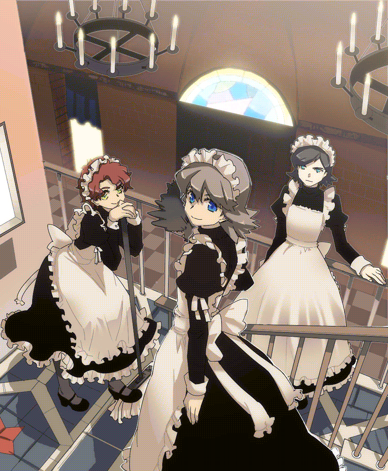 blue_eyes broom brown_hair chandelier crossdressinging dithering fideo_aldena gianluca_zanardi green_eyes inazuma_eleven maid maid_headdress marco_maseratti moros1 multiple_boys red_hair redhead short_hair staircase stairs trap