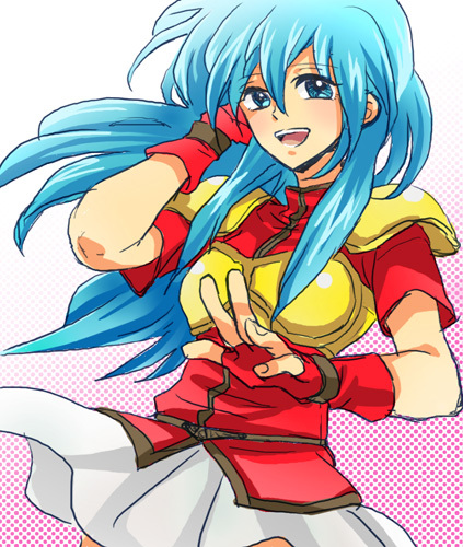 :d armor blue_eyes blue_hair eirika etarosa fingerless_gloves fire_emblem fire_emblem:_seima_no_kouseki gloves long_hair miniskirt skirt smile