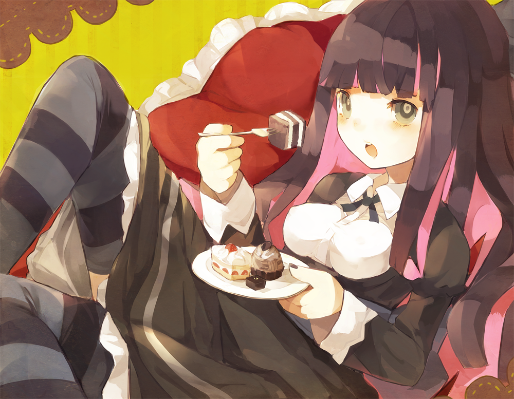 blue_eyes blue_hair cake eating food long_hair nekotewi panty_&amp;_stocking_with_garterbelt smile solo stocking_(character) stocking_(psg) striped striped_legwear striped_thighhighs thigh-highs thighhighs