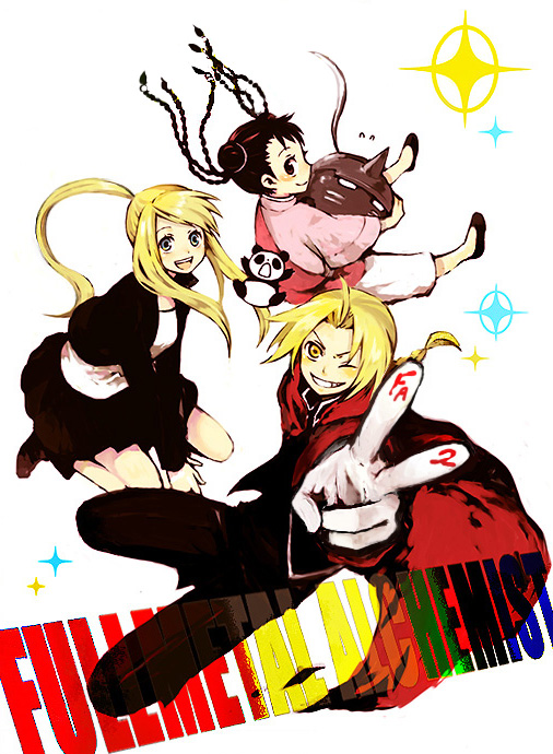 blonde_hair edward_elric fullmetal_alchemist grin kuwahara_souta may_chang multiple_braids panda ponytail smile v wink winry_rockbell xiao-mei