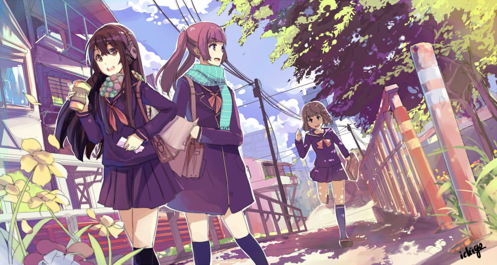 :d bag black_legwear blue_legwear brown_eyes brown_hair chanchan cloud clouds coat drink dutch_angle flower headphones house jpeg_artifacts kneehighs long_hair looking_back multiple_girls open_mouth original pleated_skirt power_lines running scarf scenery school_bag school_uniform serafuku shade short_hair signature skirt sky smile striped striped_scarf sweater tree twintails