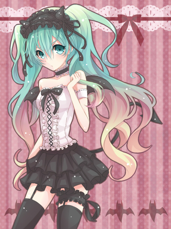 aqua_eyes aqua_hair bat_wings bow demon_tail frills garter_strap garter_straps garters gradient_hair hatsune_miku headdress long_hair multicolored_hair reshika skirt solo tail thigh-highs thighhighs twintails two-tone_hair very_long_hair vocaloid wings