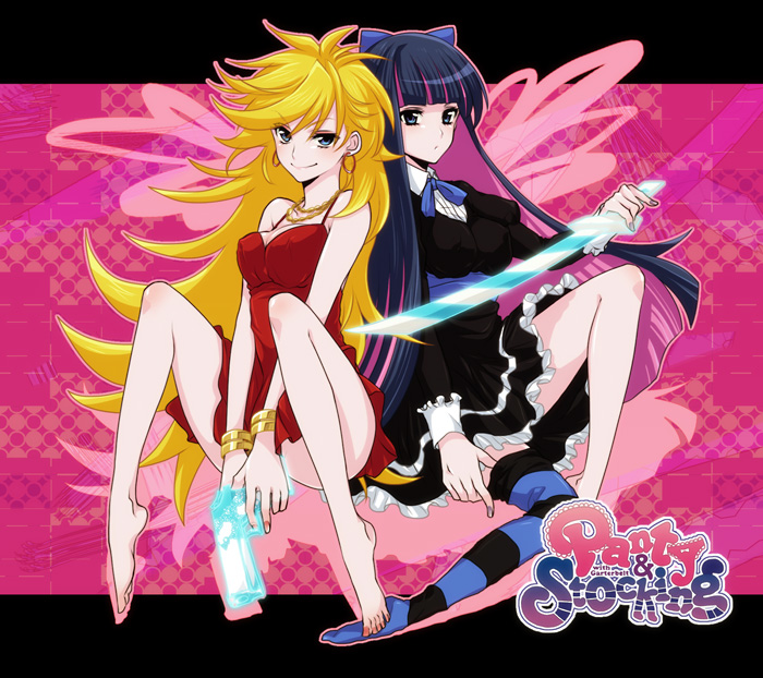 barefoot blonde_hair blue_eyes dress earrings feet gun jewelry long_hair multicolored_hair multiple_girls panty_&amp;_stocking_with_garterbelt panty_(character) panty_(psg) stocking_(character) stocking_(psg) striped striped_legwear striped_thighhighs sword thigh-highs thighhighs uka_(color_noise) weapon
