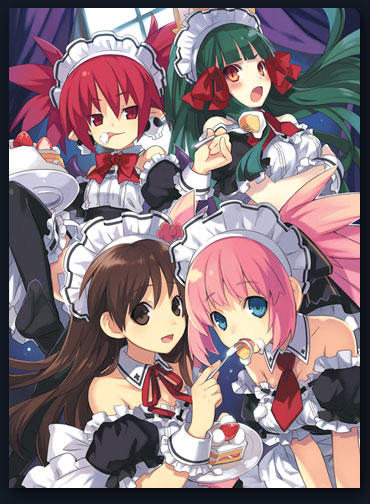 apron atelier_(series) atelier_viorate_alchemist_of_gramnad_2 blue_eyes blush brown_eyes brown_hair cake crossover disgaea etna feeding food green_hair hair_ornament long_hair maid maid_headdress multiple_girls nippon_ichi pastry red_eyes red_hair rizelia trinity_universe tsubaki_(trinity_universe) tsunako viorate_platane