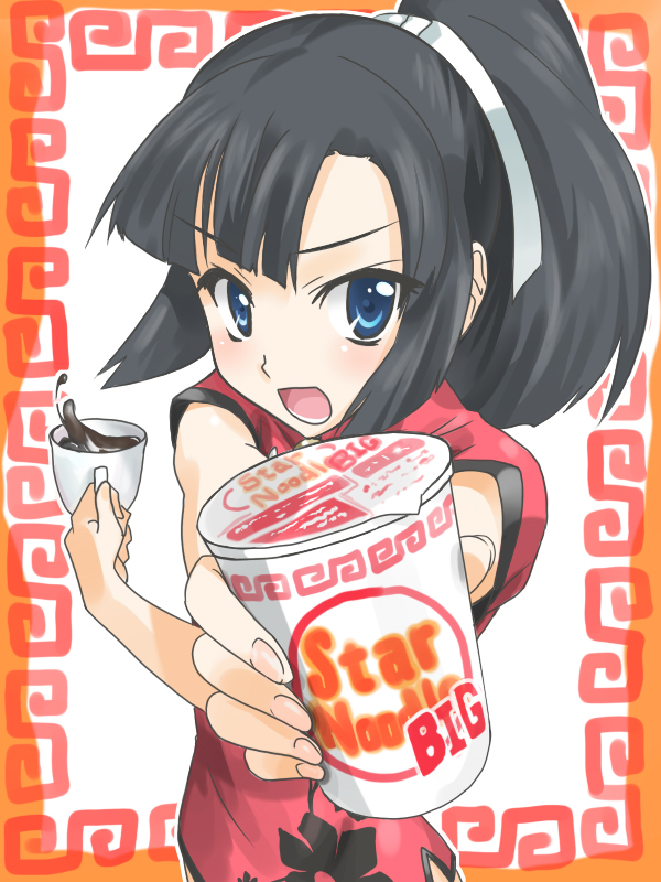 blue_eyes china_dress chinese_clothes coffee cup_ramen food kami_nomi_zo_shiru_sekai looking_at_viewer noodles open_mouth ponytail ramen solo uemoto_sumire x_arms yuto