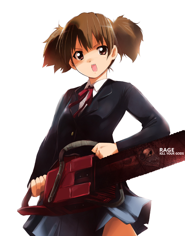 brown_eyes brown_hair chainsaw k-on! kaiga open_mouth school_uniform short_hair simple_background solo suzuki_jun twintails white_background