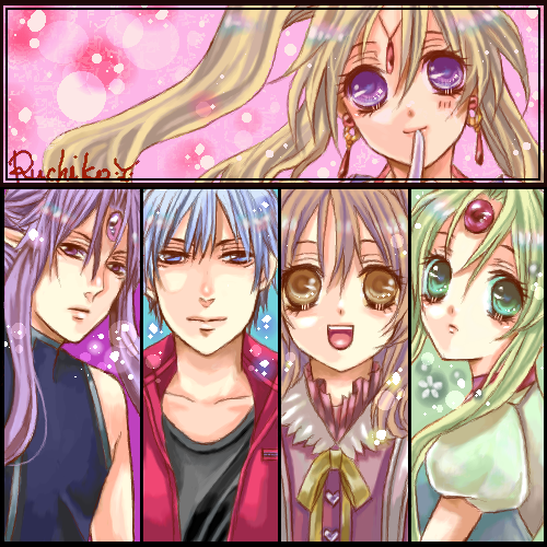 3girls access_time blue_eyes brown_eyes dual_persona earrings finger_to_mouth finn_fish green_eyes jewelry kaitou_jeanne kamikaze_kaitou_jeanne kusakabe_maron long_hair lowres multiple_boys multiple_girls nagoya_chiaki oekaki purple_eyes signature sleeveless smile violet_eyes yamazaki_ruchiko